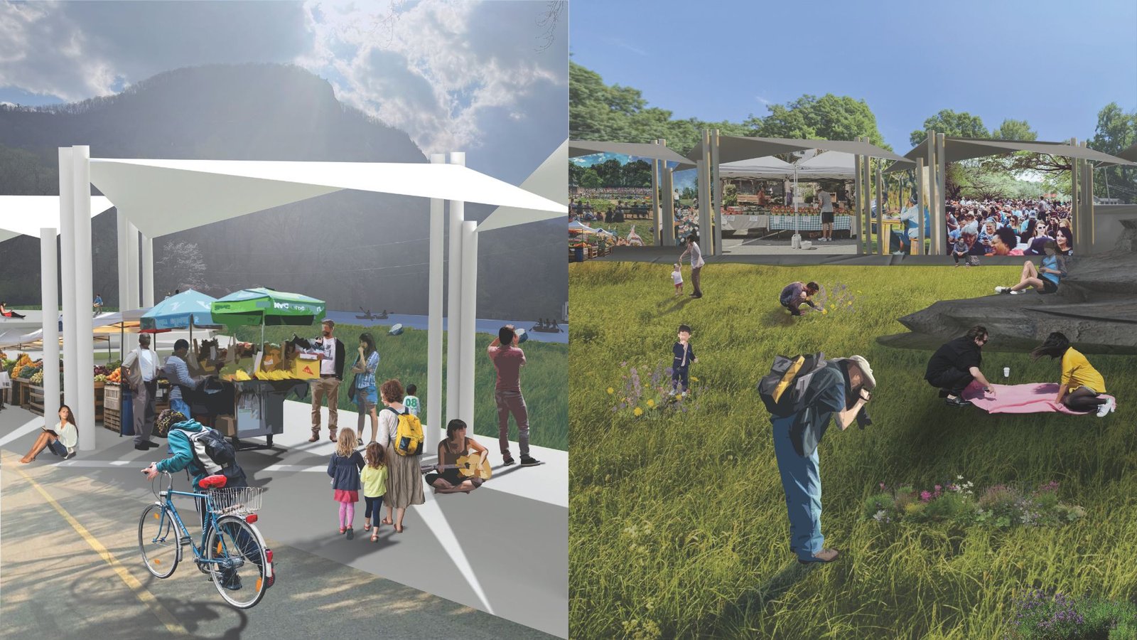 Renderings of the mixed-use canopy plaza and green lawn