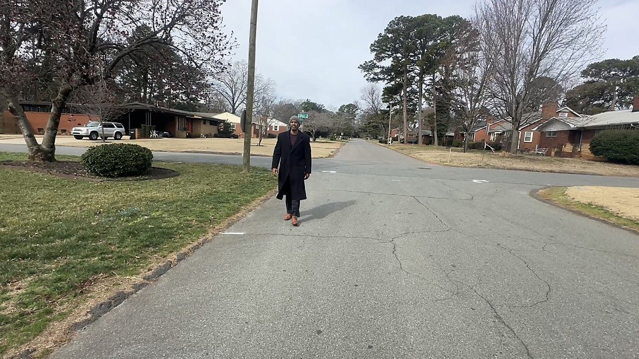 Residential street with pedestrian